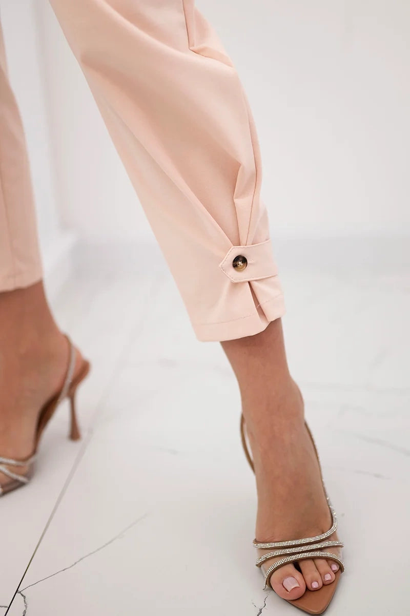 damskie spodnie summer punto khaki z zapięciem na nogawkach detail materiału