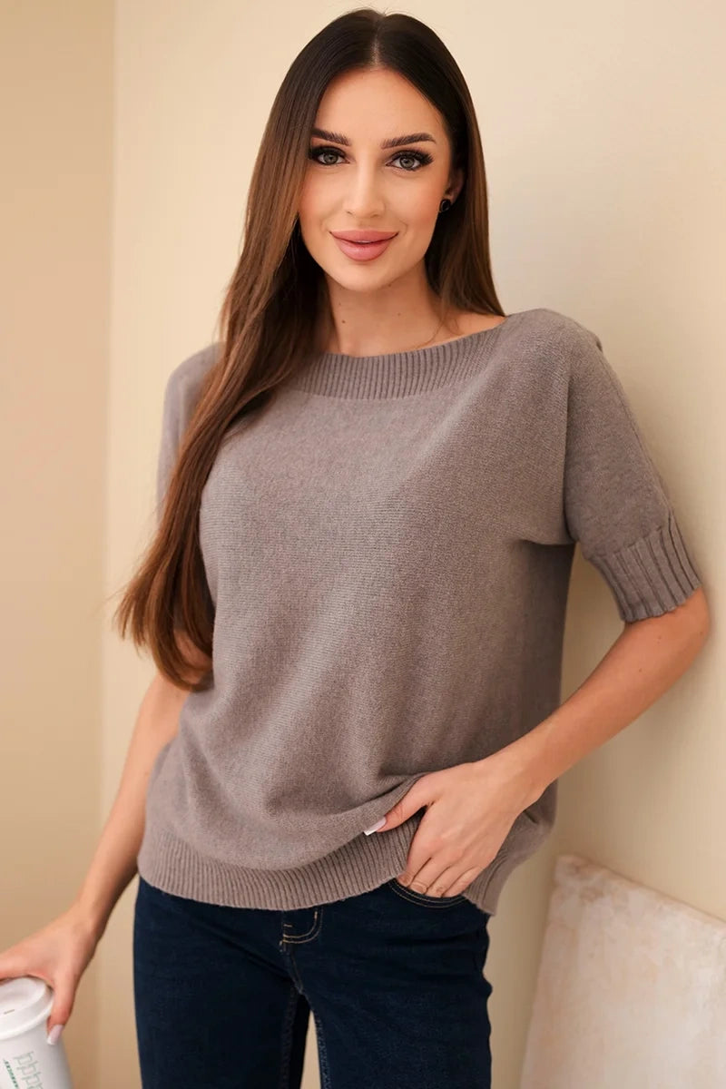 sweter damski z wiskozy krótki rękaw kolor camelowy