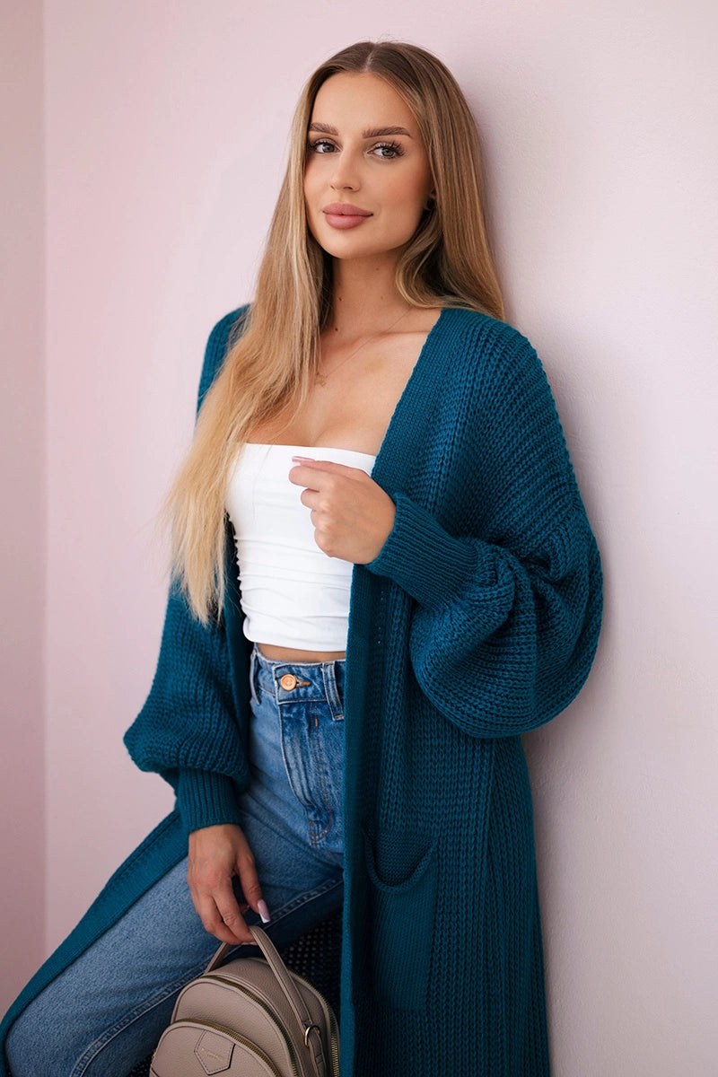 damskie długie kardigan fioletowy ciepły sweter elegancki jesienny look