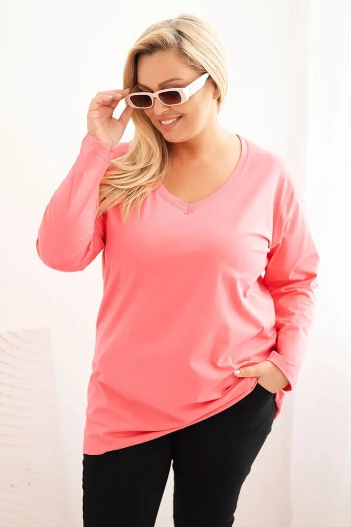 Bluzka damska bawełniana z dekoltem V Plus Size Cortesia, kolor Różowy