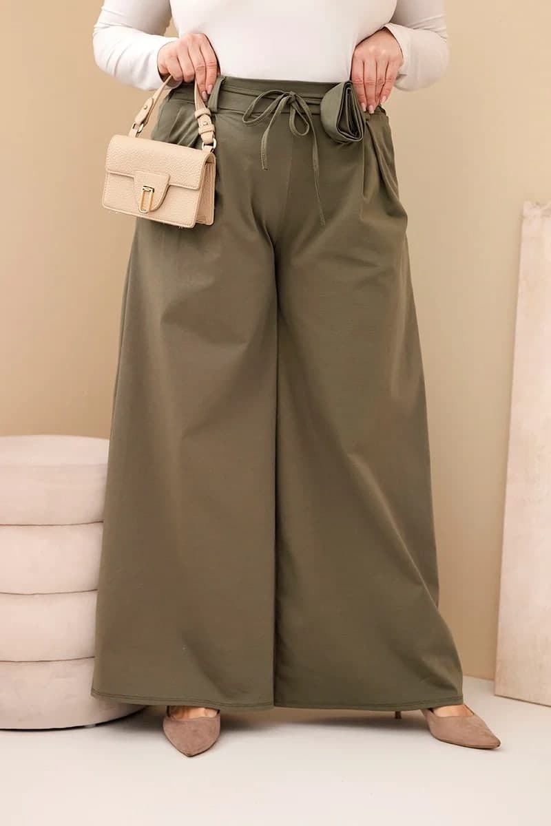 Spodnie damskie bawełniane plus size z szeroką nogawką Nortia, kolor Khaki