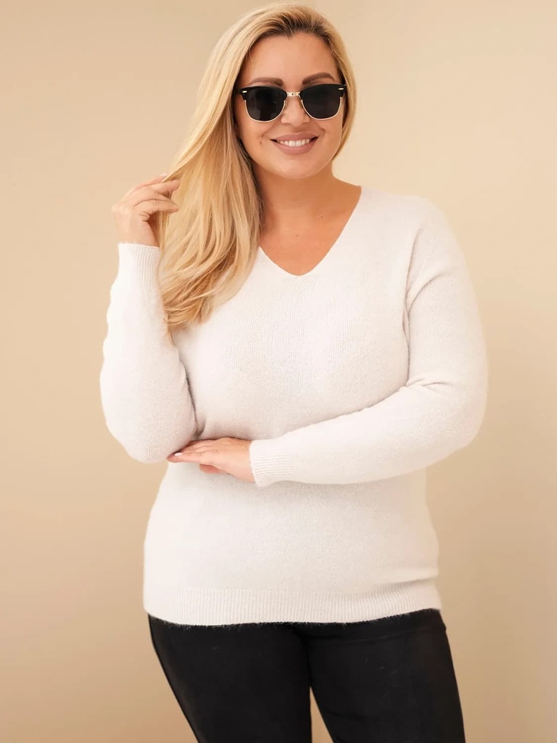 Sweter damski z baby alpaki z długim rękawem Plus Size Cachemire, kolor Beżowy