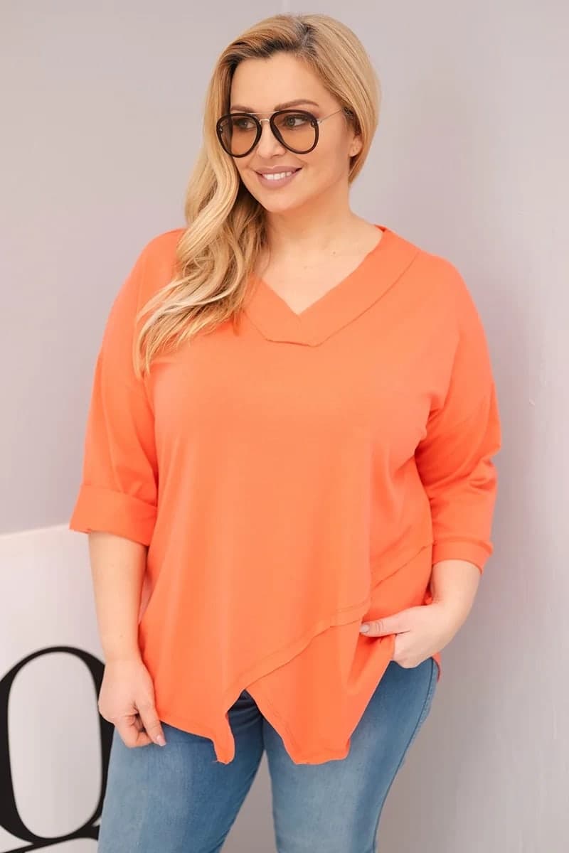 Bluzka damska bawełniana plus size z dekoltem V Ambra, kolor Morelowy