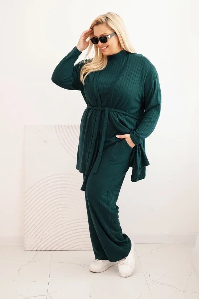 Komplet damski prążkowy plus size 3-częściowy Gavotta, kolor Ciemny zielony