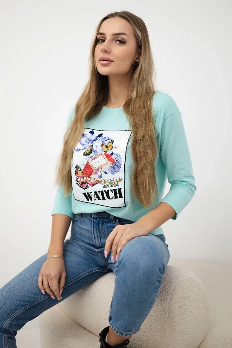 Bluzka damska bawełniana z grafiką 3D Watch Fragranza, kolor Miętowy
