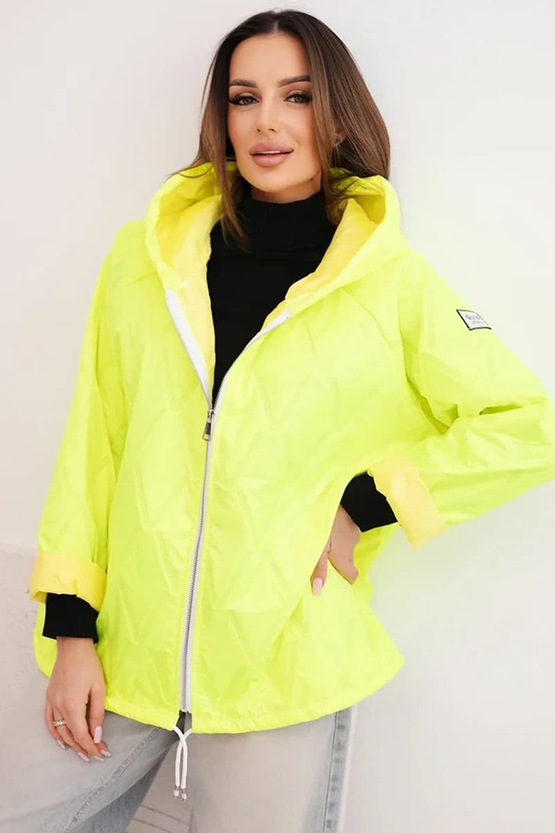 Kurtka damska pikowana z kapturem Oversize Finezza, kolor Żółty neon