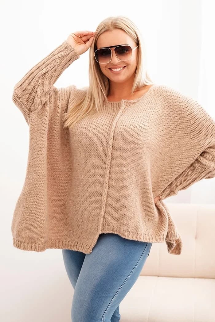 Sweter damski akrylowy oversize z rękawem 3/4 Araceli, kolor Camelowy