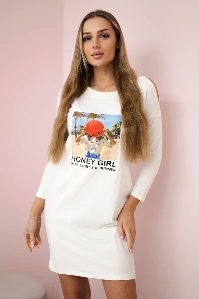 Sukienka damska bawełniana z nadrukiem Honey girl Carrara, kolor Ecru