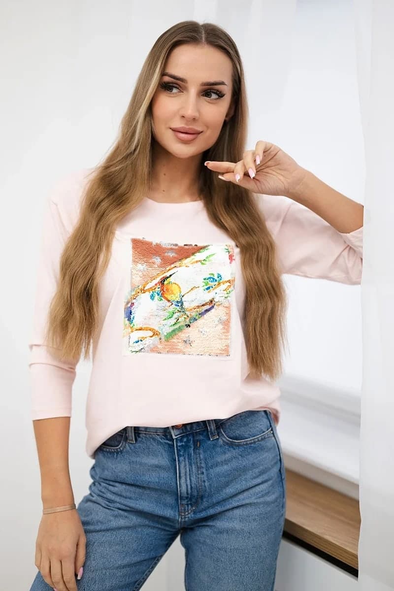 Bluzka damska bawełniana z grafiką 3D Bird Tulle, kolor Pudrowy róż