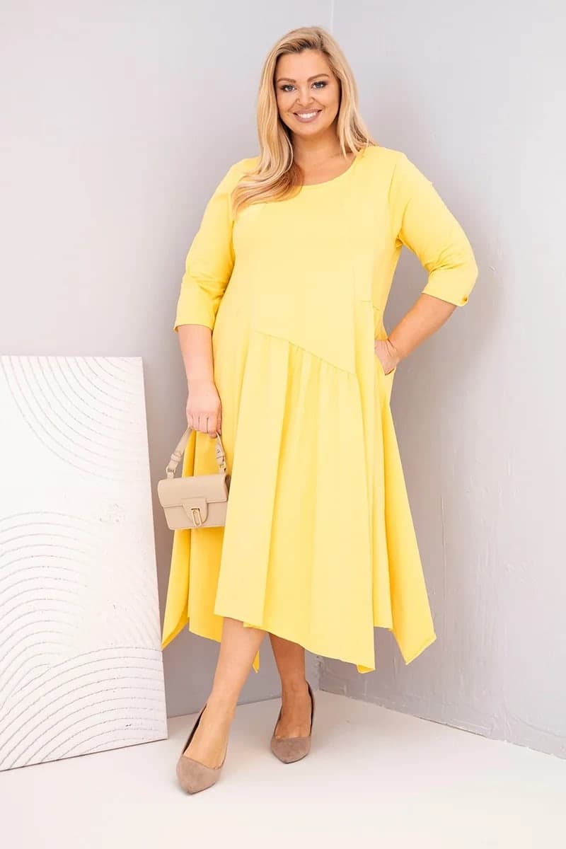 Sukienka damska bawełniana plus size z asymetrycznym dołem Lúcia, kolor Żółty