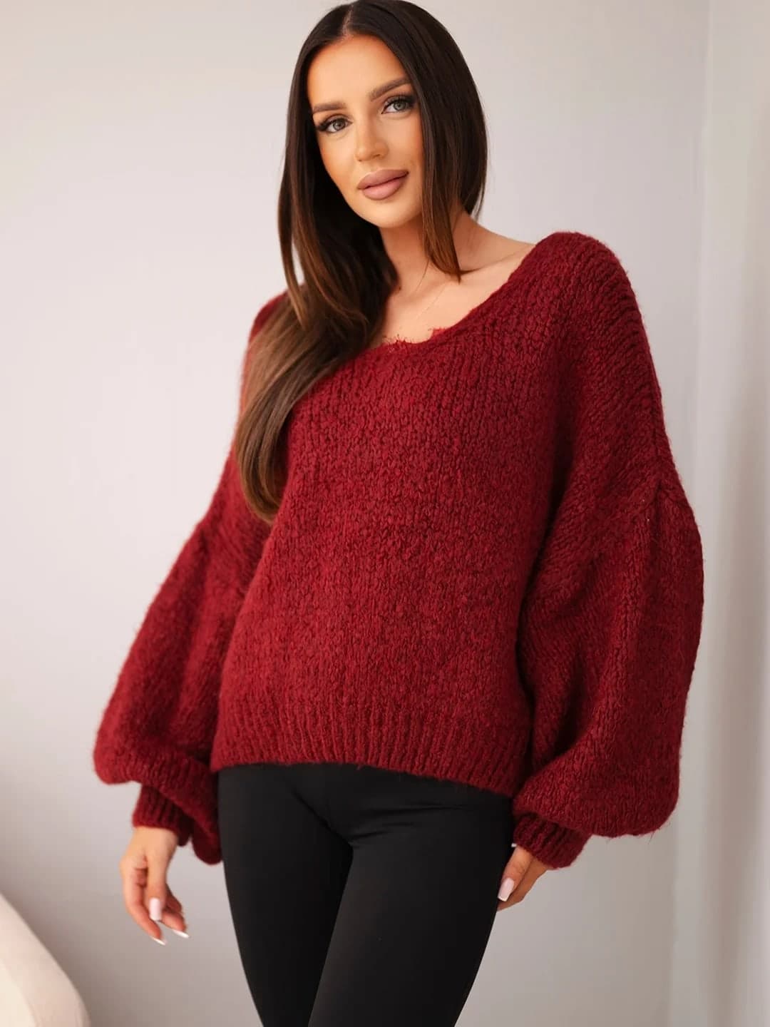 Sweter damski z dodatkiem wełny luźny fason Iracema, kolor Bordowy