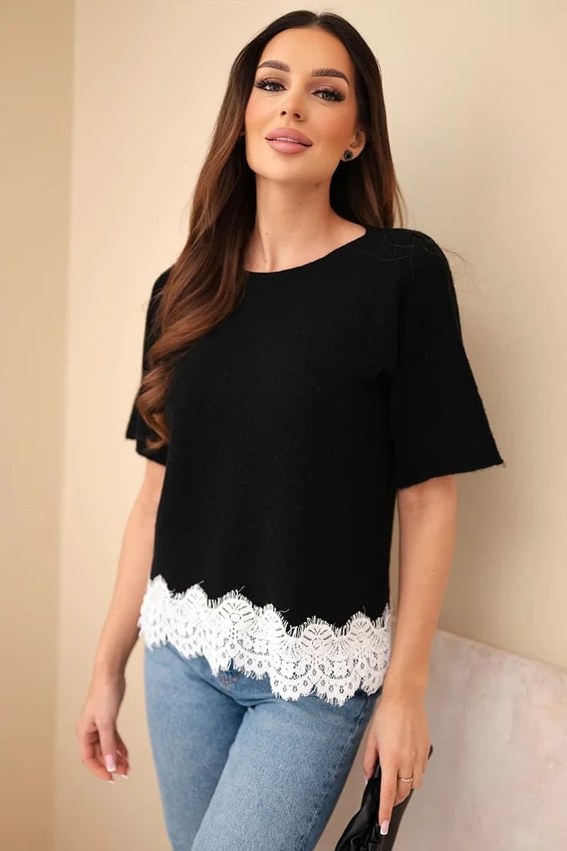 Sweter damski akrylowy z koronką i krótkim rękawem Laura, kolor Czarny