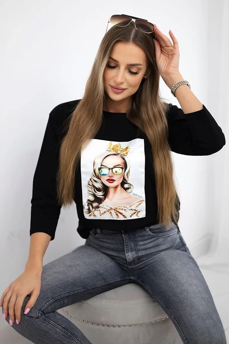 Bluzka damska bawełniana z grafiką Rebecca, kolor Czarny