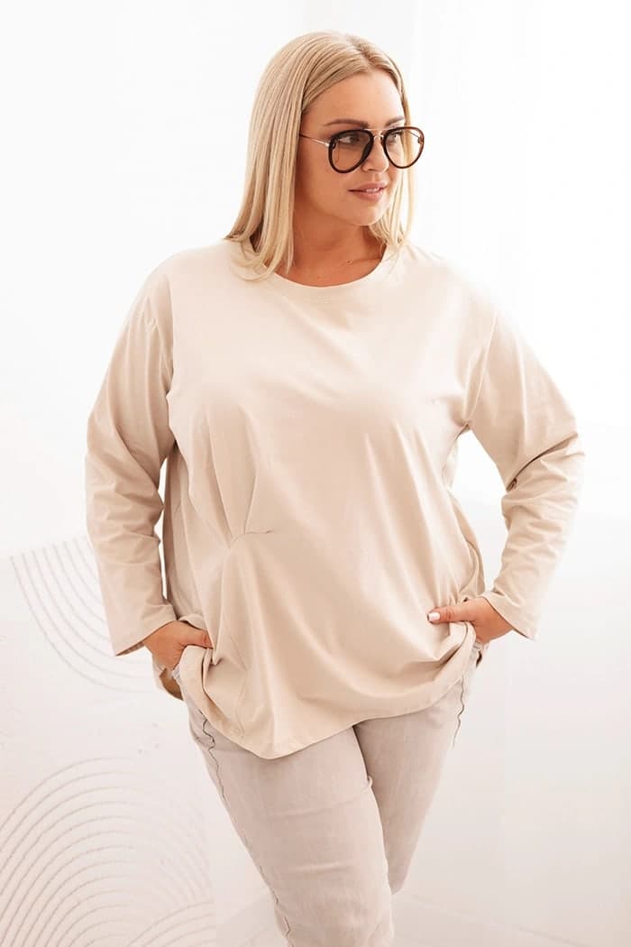 Bluzka damska bawełniana z marszczeniem plus size Tiphaine, kolor Beżowy