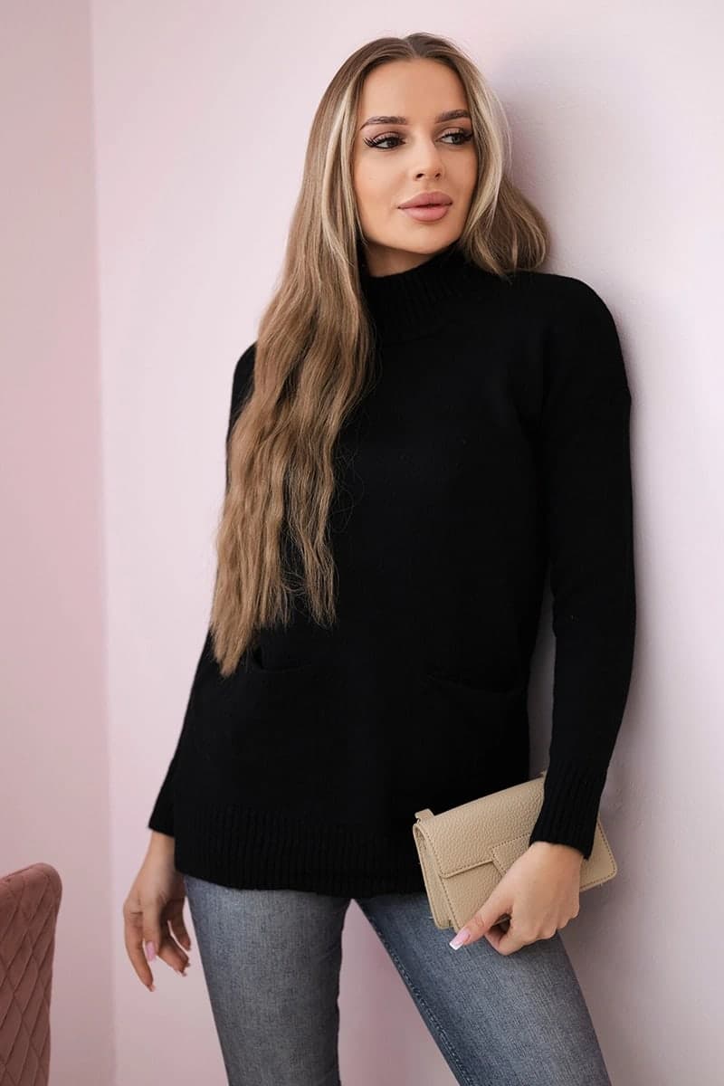 Sweter damski wełniany z kołnierzem ze stójką Salomé, kolor Czarny