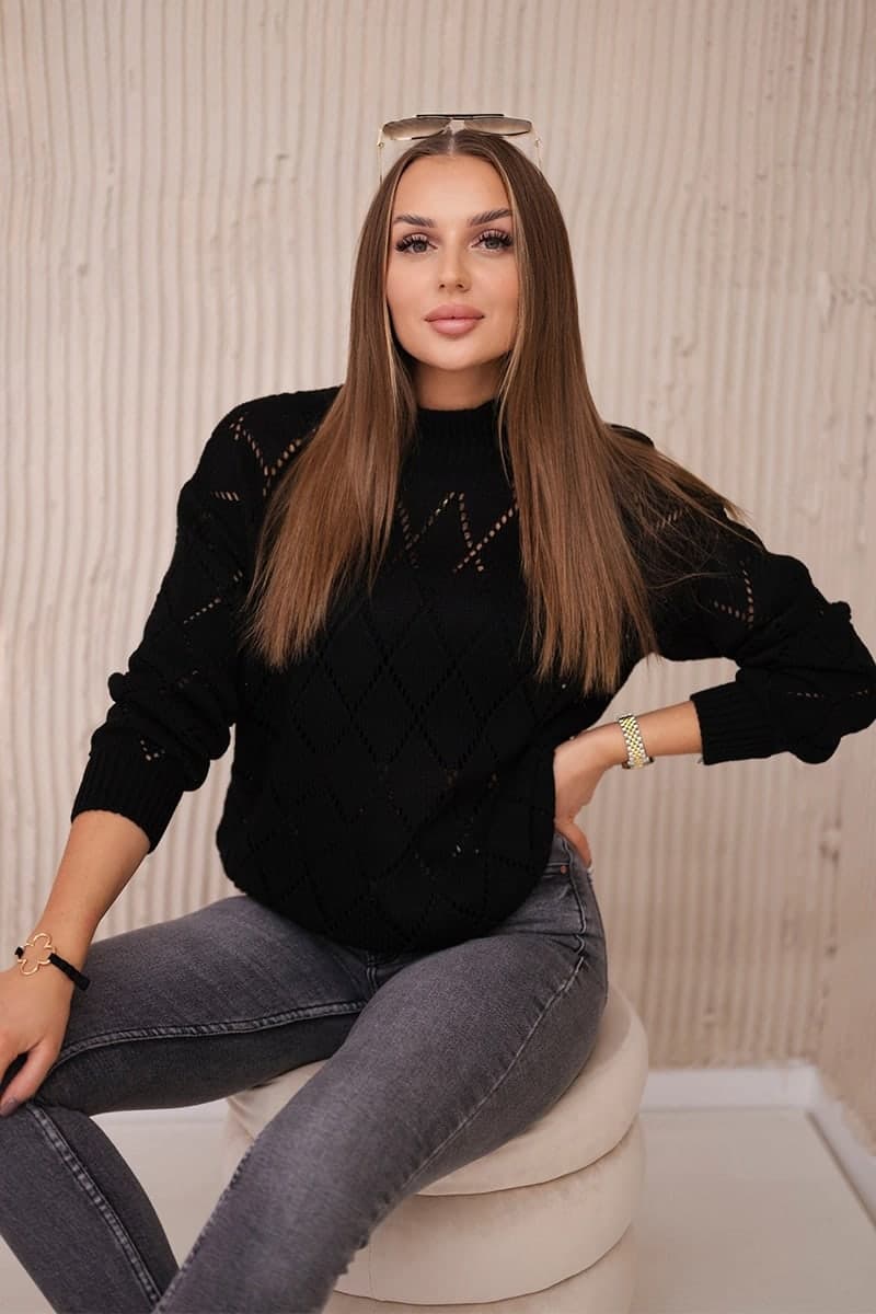 Sweter damski wełniany z półgolfem i wzorem w romby Erice, kolor Czarny