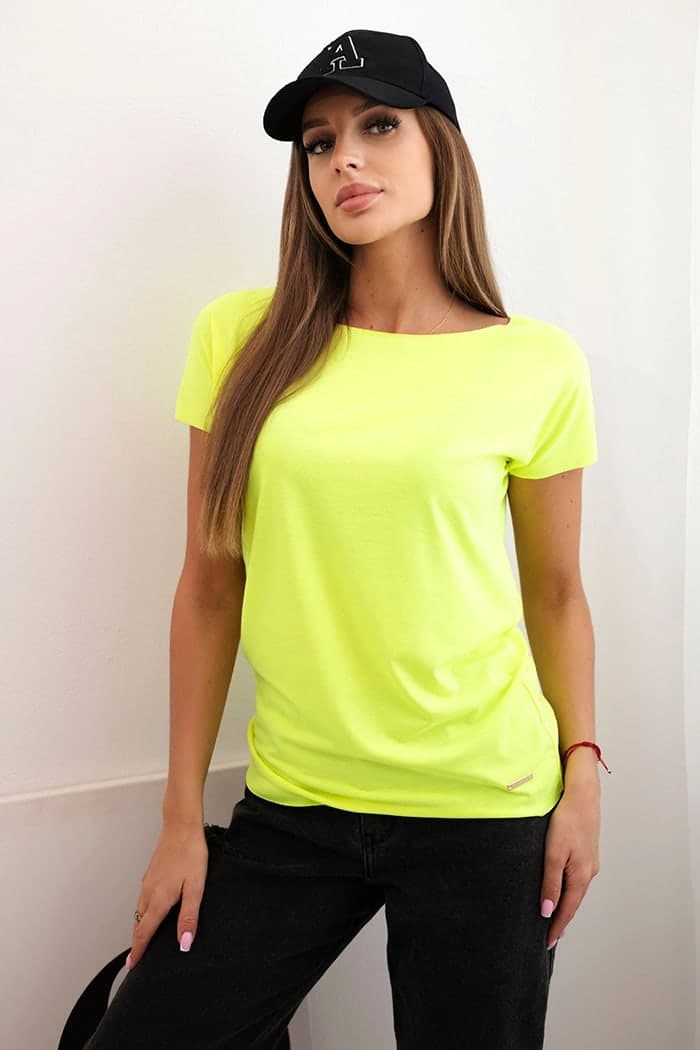 Bluzka damska bawełniana basic z krótkim rękawem Lorenza, kolor Żółty neon
