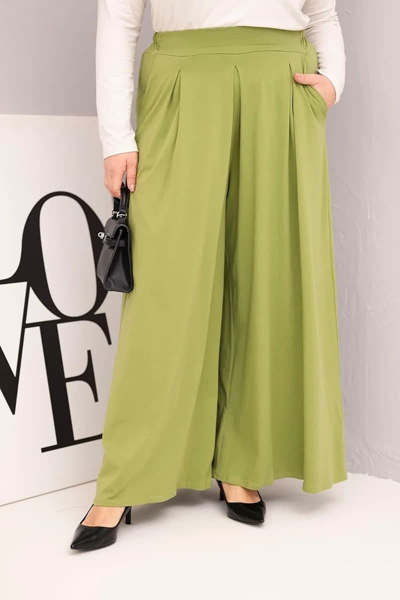 Spodnie damskie bawełniane plus size z szeroką nogawką Manuela, kolor Pistacjowy