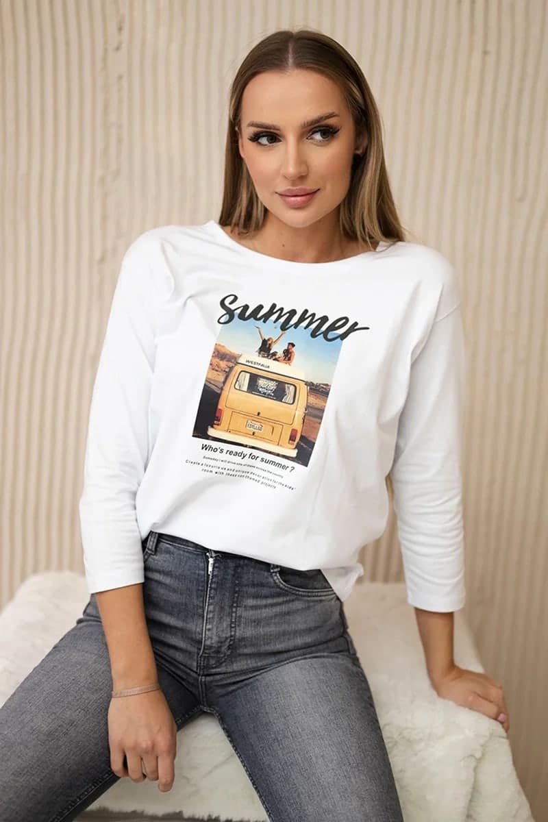 Bluzka damska bawełniana z nadrukiem Summer car Acantha, kolor Biały