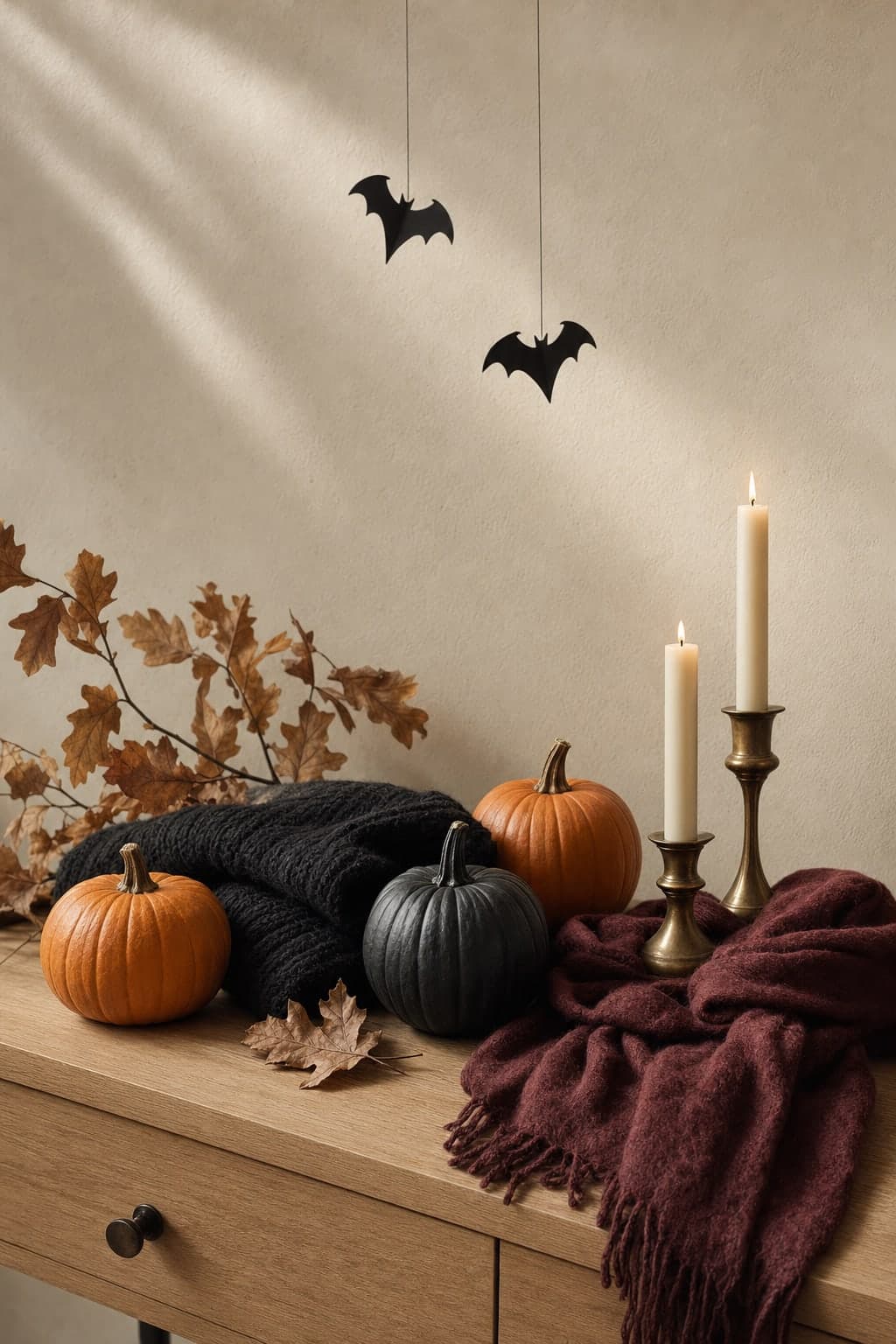 Dynie, świece, czarny sweter i bordowy szal na drewnianej komodzie — jesienna dekoracja na Halloween