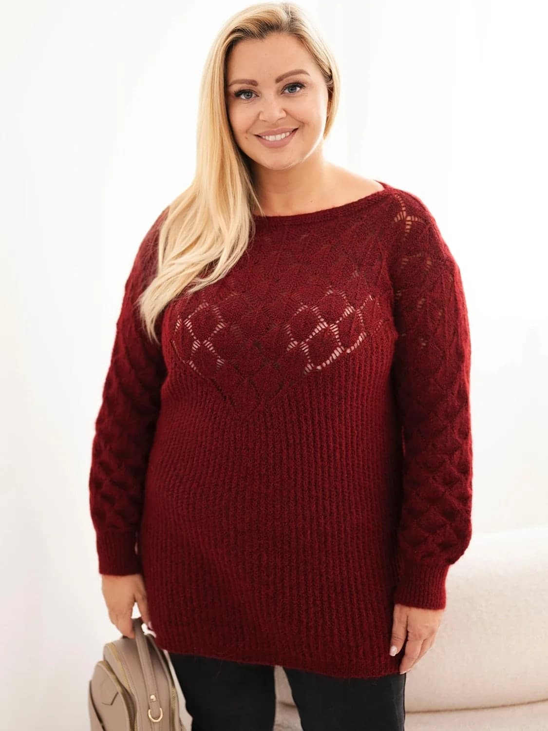 Sweter damski dzianinowy ażurowy Plus Size Florine, kolor Bordowy