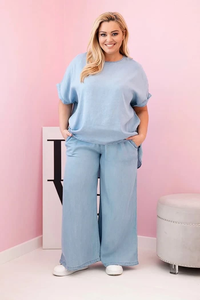 Komplet damski tencel oversize z wiązaniem Vinca, kolor Jasny jeansowy