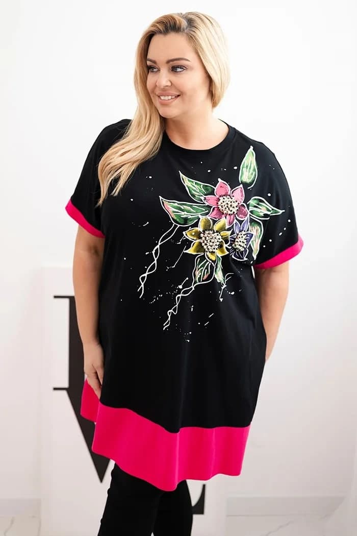 Bluzka damska bawełniana plus size z perełkami Cyrielle, kolor Fuksja