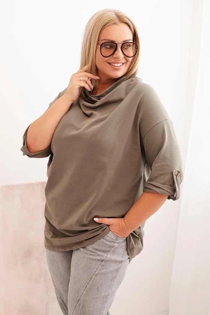 Bluzka damska bawełniana plus size z dekoltem wodnym Rosanna, kolor Khaki