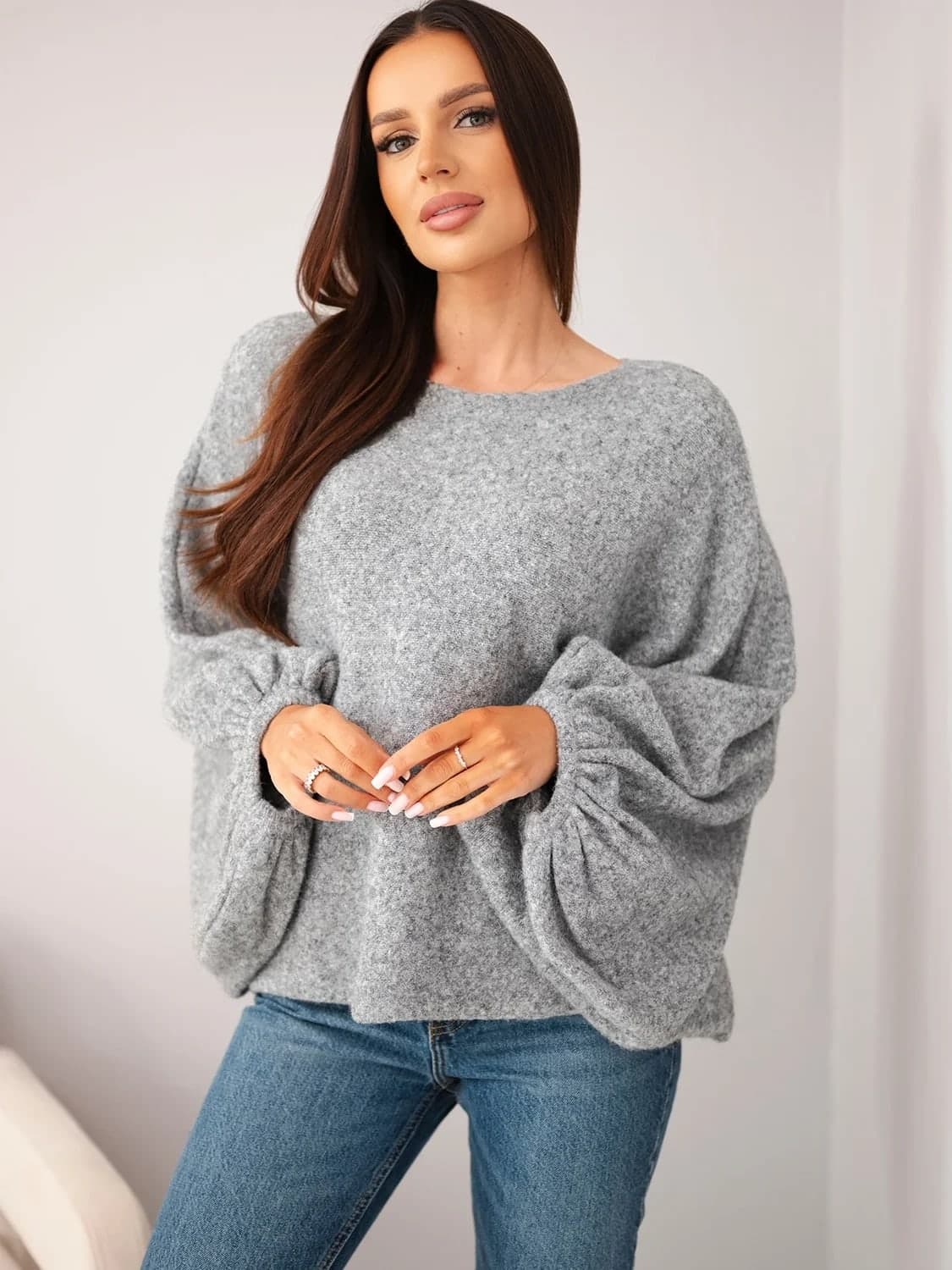 Sweter damski z dodatkiem alpaki oversize Marsala, kolor Szary