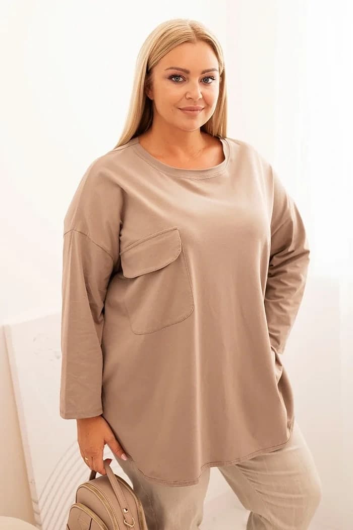 Bluzka damska bawełniana plus size z kieszenią Fátima, kolor Fango
