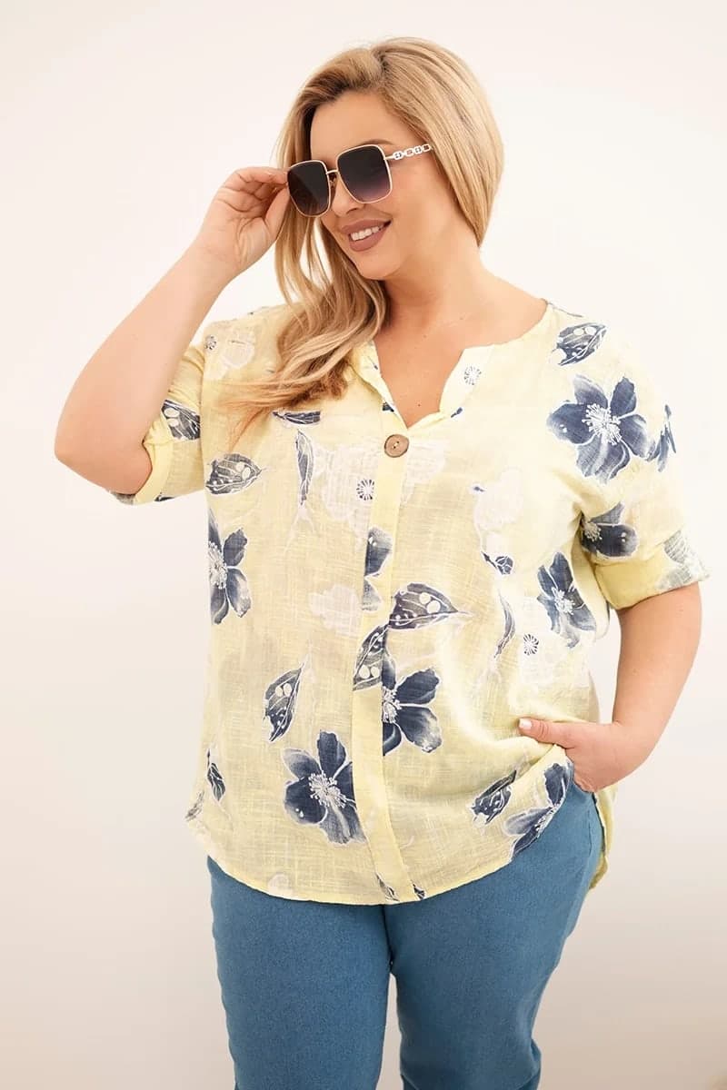 Bluzka damska bawełniana plus size z asymetrycznym dołem Paola, kolor Żółty