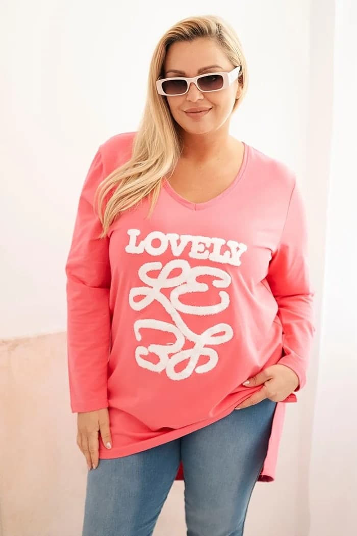 Bluzka damska bawełniana z dekoltem V Plus Size Yvette, kolor Różowy