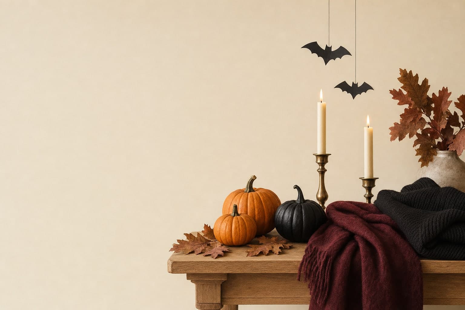Dynie, świece, czarny sweter i bordowy szal na drewnianej komodzie — jesienna dekoracja na Halloween