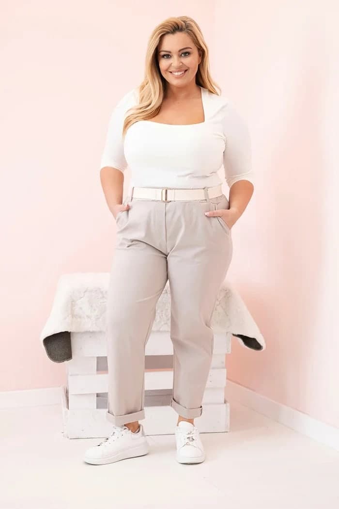 Spodnie damskie bawełniane plus size z paskiem Charline, kolor Ciemny beżowy