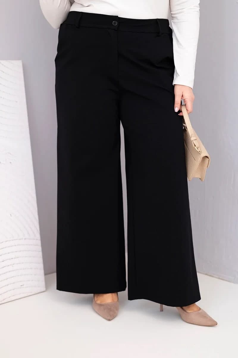 Spodnie damskie bawełniane plus size z szeroką nogawką Ginevra, kolor Czarny
