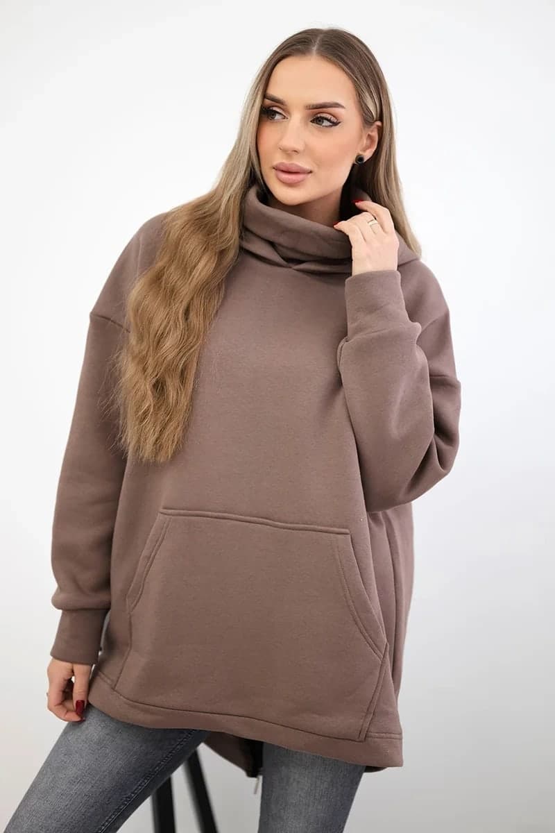 Bluza damska bawełniana ocieplana z suwakiem Hortense, kolor Mocca