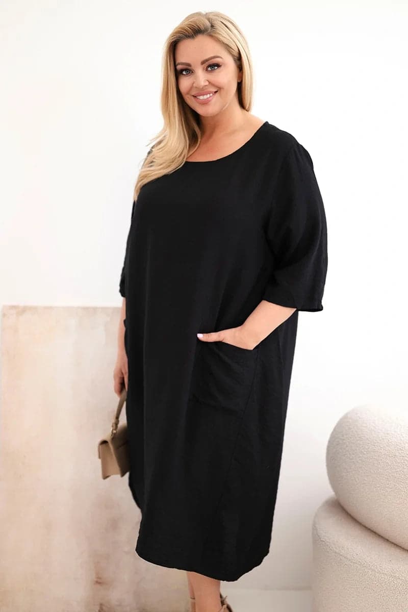 Sukienka damska wiskozowa plus size z kieszeniami Elara, kolor Czarny