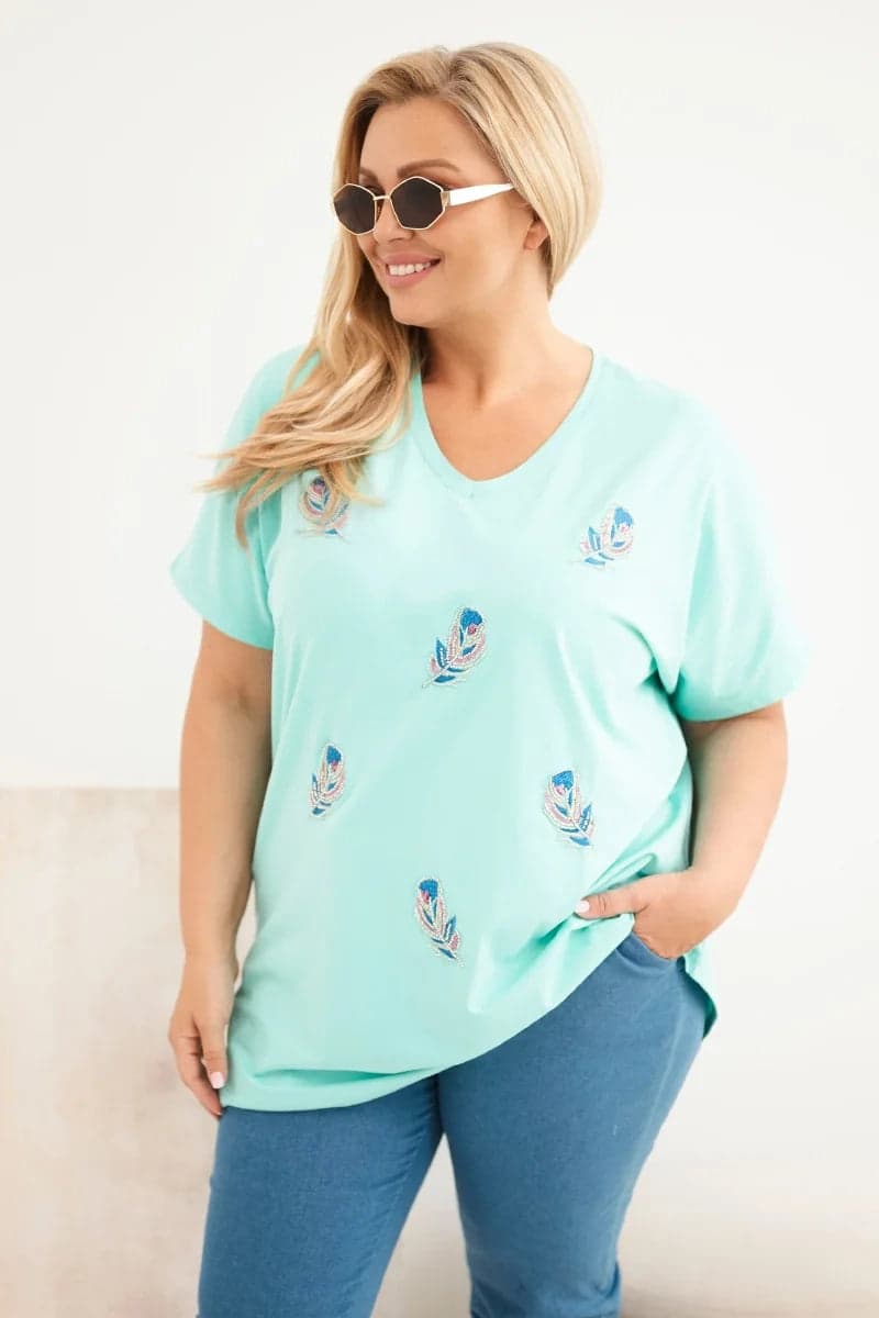 Bluzka damska bawełniana plus size z piórkami Fruscio, kolor Miętowy