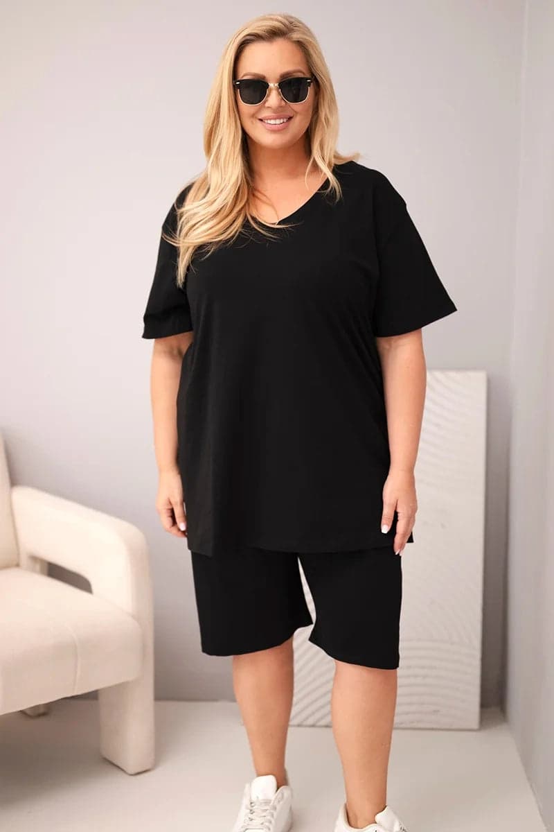 Komplet damski bawełniany plus size z bluzką i spodenkami Sara, kolor Czarny