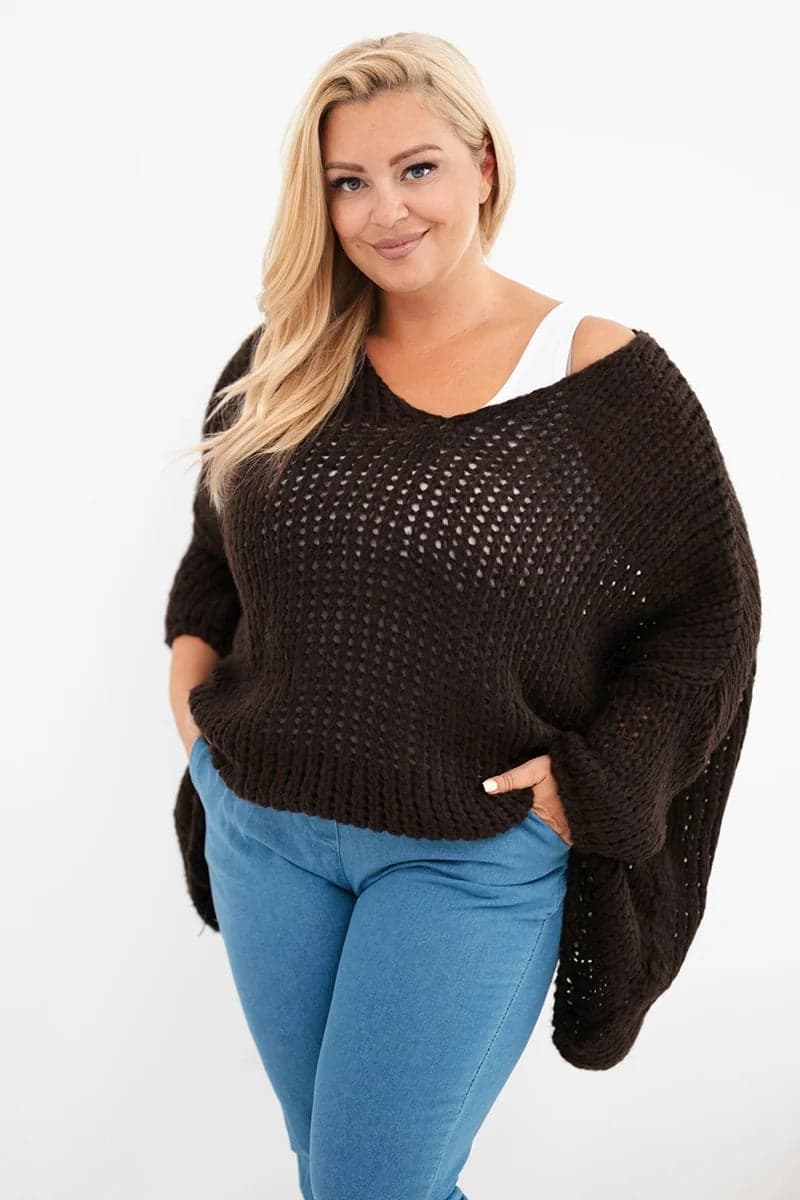 Sweter damski akrylowy ażurowy oversize Praiano, kolor Brązowy