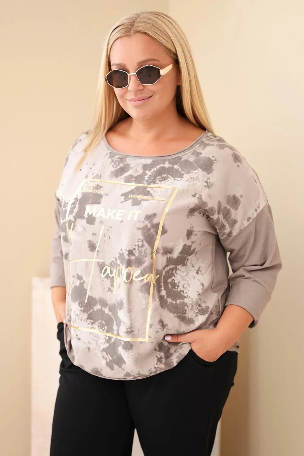 Bluzka damska bawełniana Plus Size z nadrukiem fango Flanelle, kolor Fango
