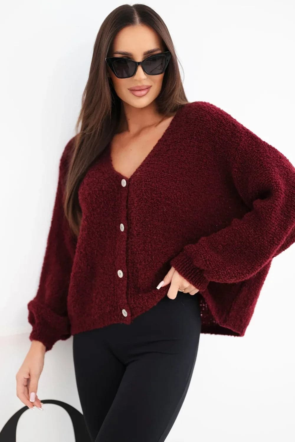 Sweter damski z wełną zapinany na guziki Valerie, kolor Bordowy