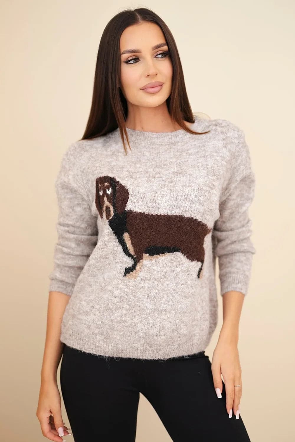 Sweter damski dzianinowy z motywem jamnika Velluto, kolor Beżowy melanż