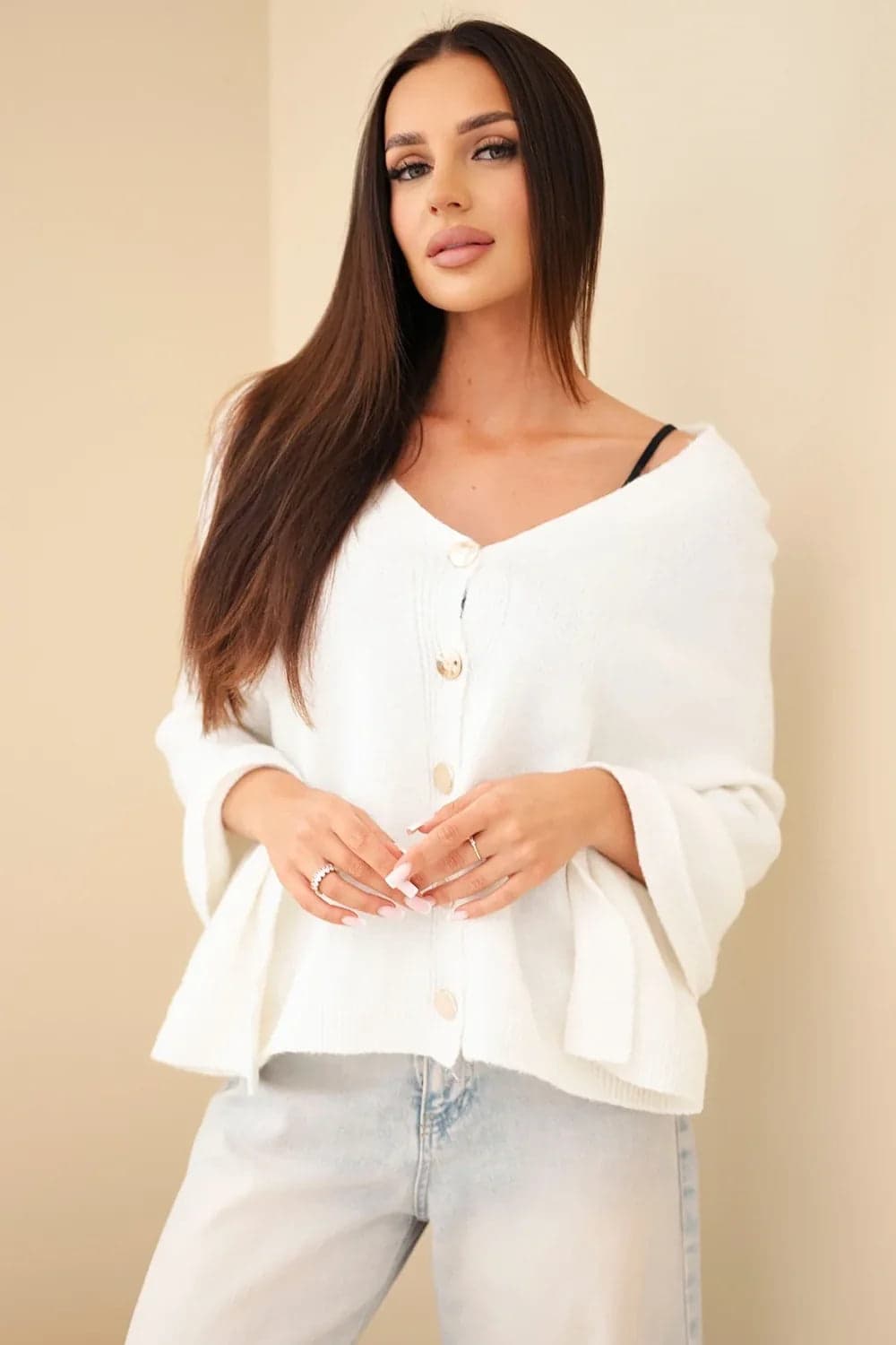 Sweter damski z baby alpaki ponczo z guzikami Monaco, kolor Ecru