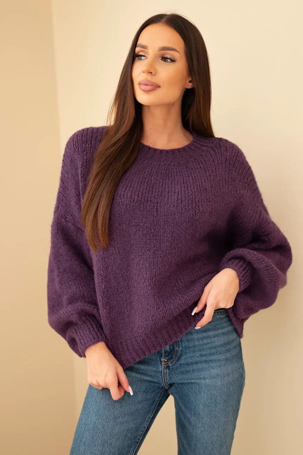 Sweter damski dzianinowy oversize z okrągłym dekoltem Portici, kolor Ciemny fioletowy
