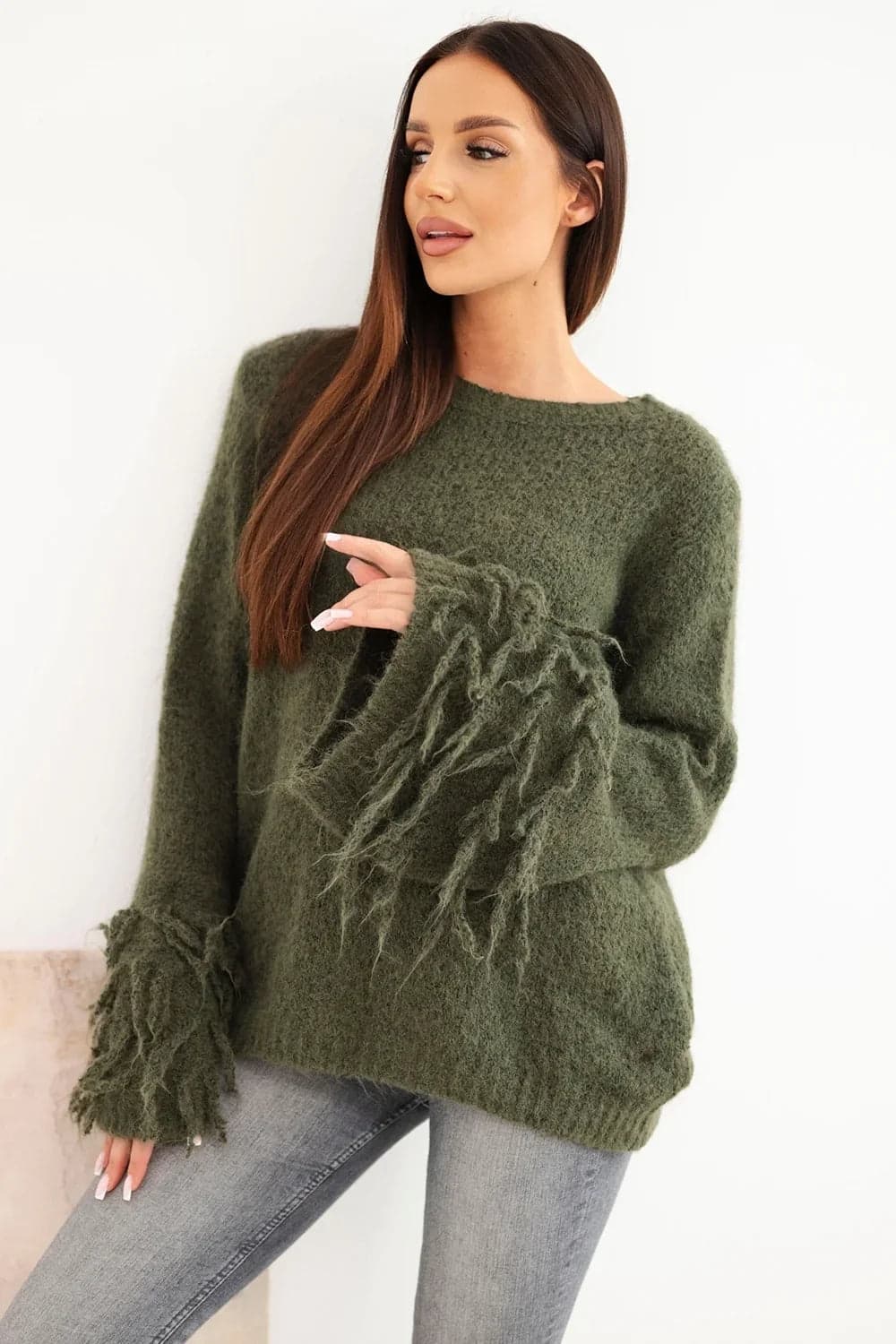 Sweter damski dzianinowy z frędzlami Giselle, kolor Khaki