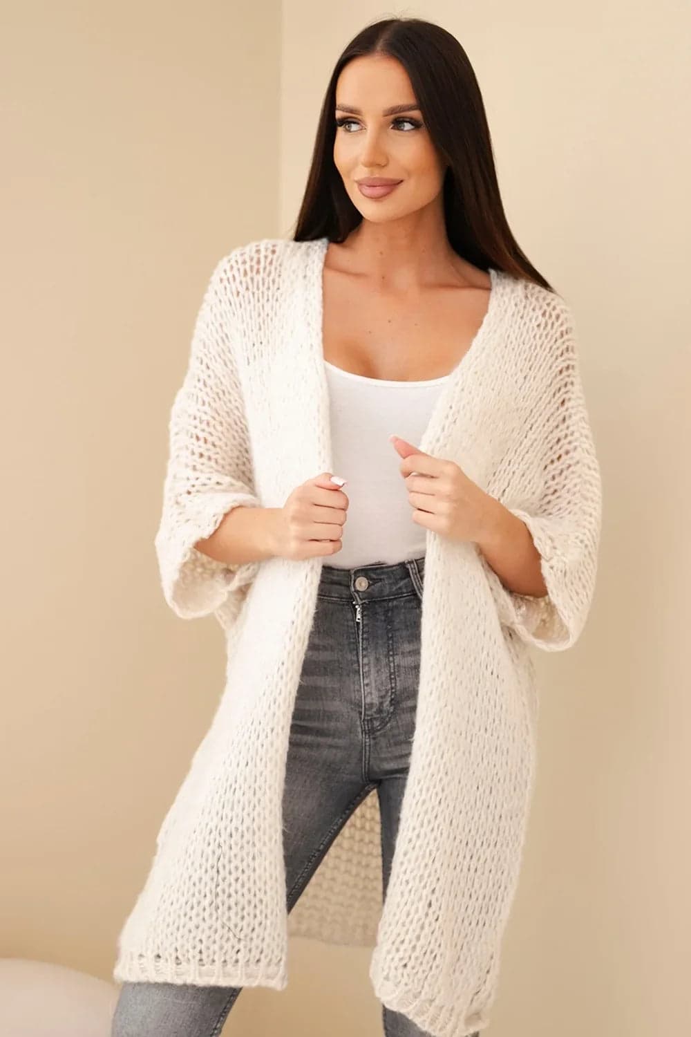 Sweter damski dzianinowy oversize bez zapięcia Romane, kolor Beżowy
