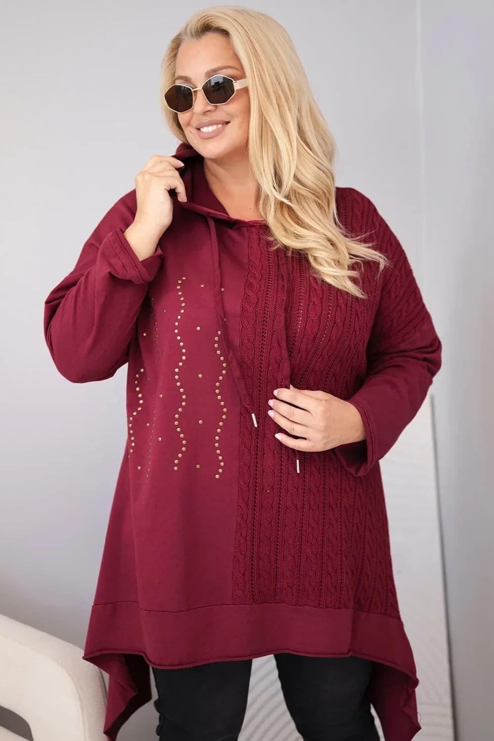 Bluza damska bawełniana plus size z kapturem Colette, kolor Bordowy