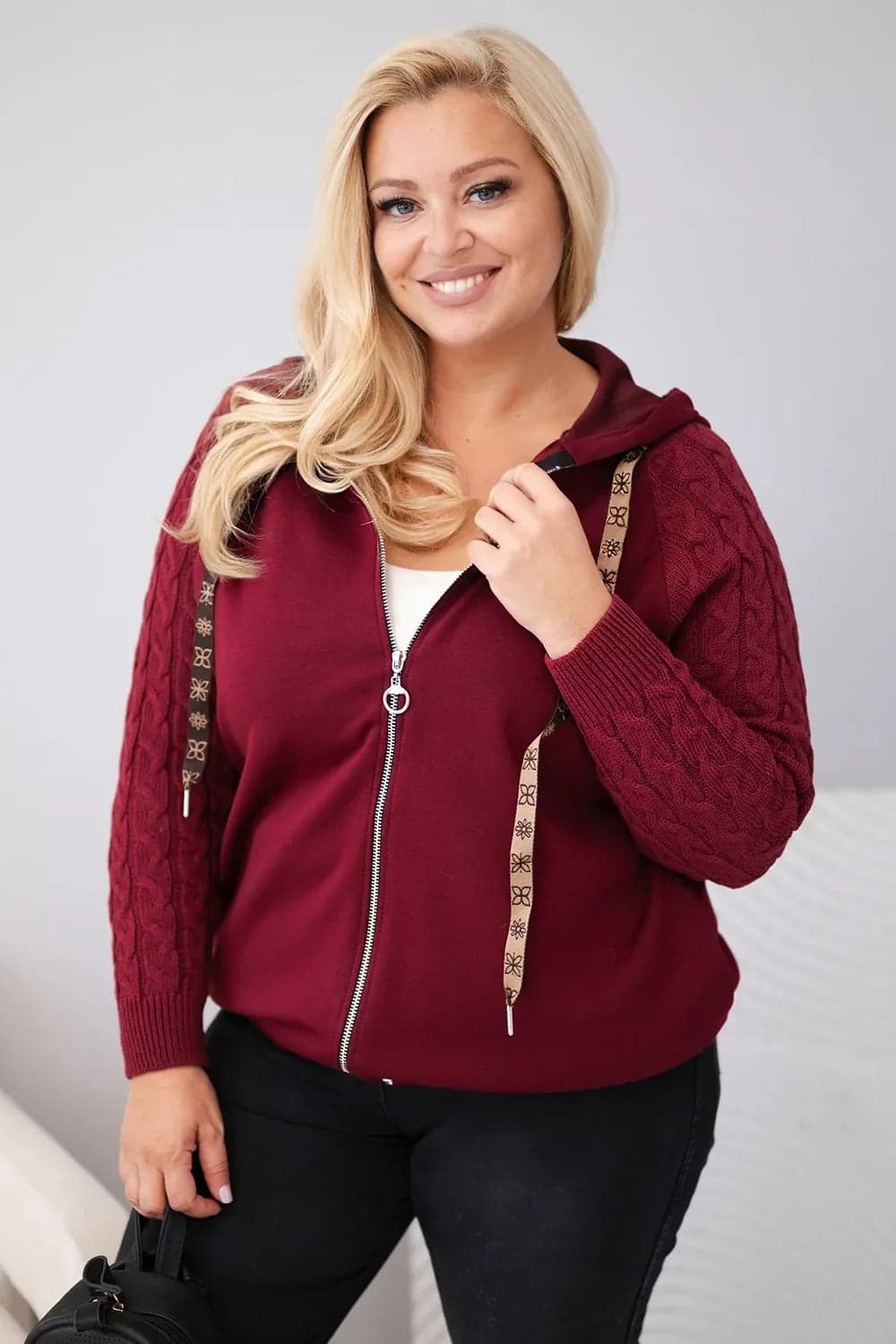 Bluza damska bawełniana z dzianinowymi rękawami Plus Size Azalea, kolor Bordowy