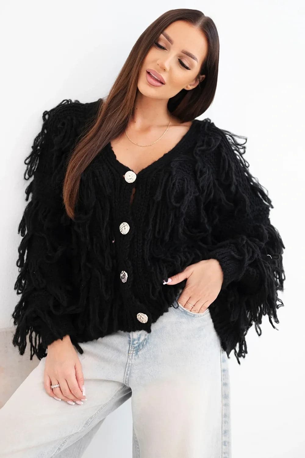 Sweter damski akrylowy z frędzlami Noblesse, kolor Czarny